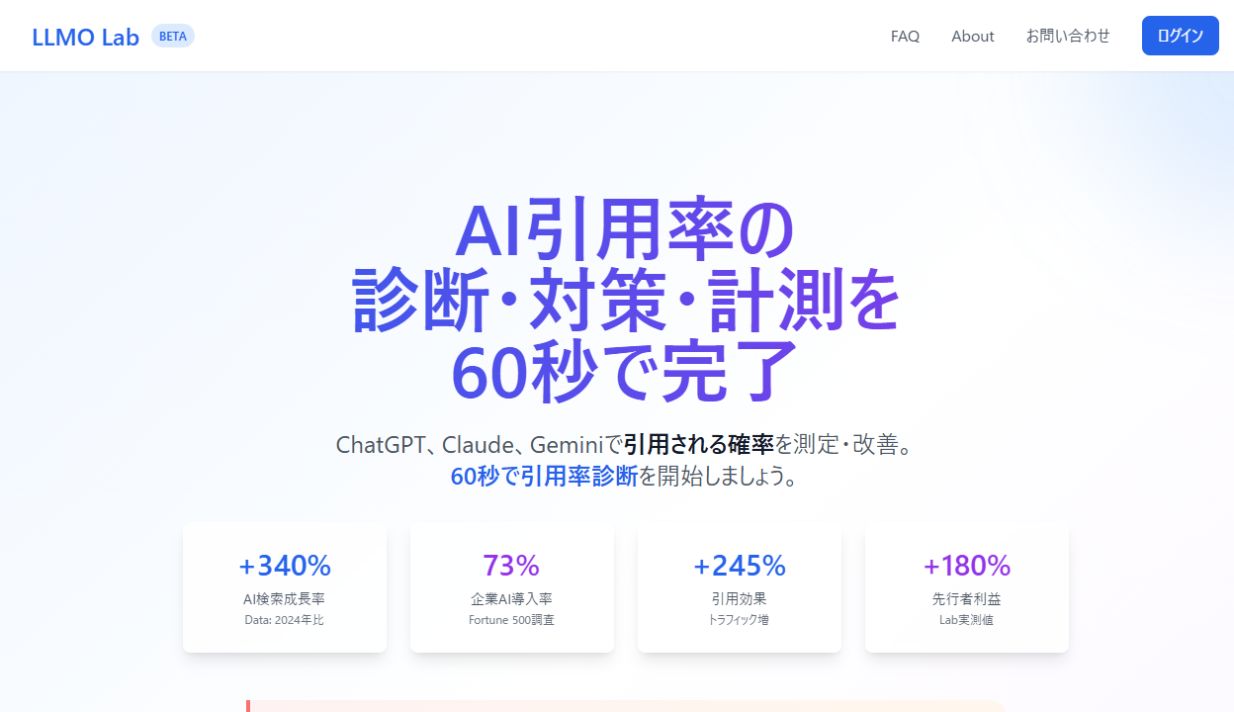 LLMO LabのAI引用率改善プラットフォームページ