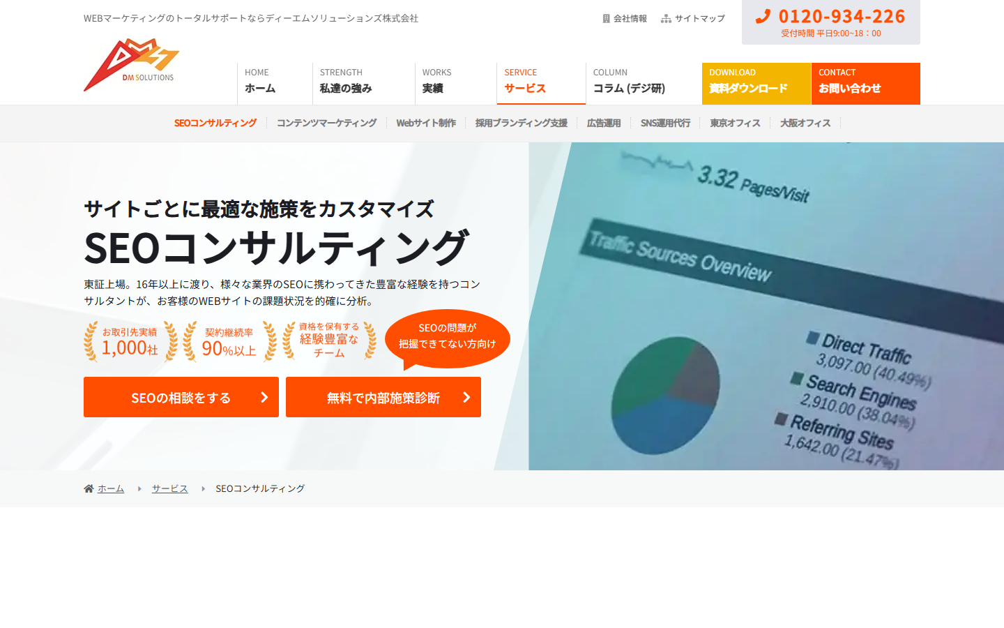 ディーエムソリューションズのSEOコンサルティングサービスページ
