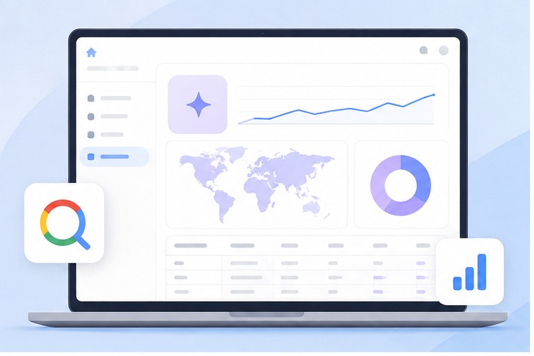 Search Consoleの管理画面で、AI検索での表示回数をグラフや地図で確認しているイメージ
